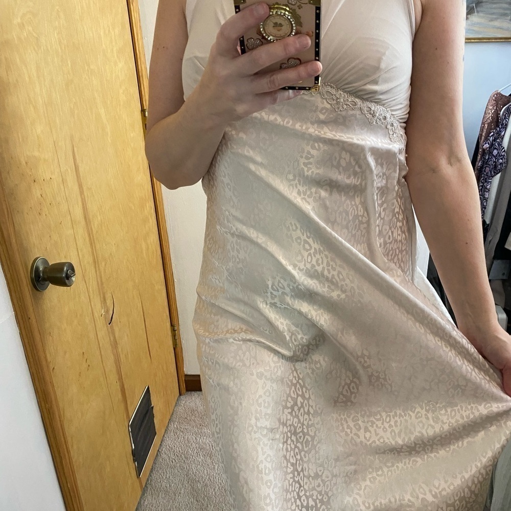 Ecru Delicate Leopard Spotted Satin Boudoir Slip Lingerie or Midi Dress